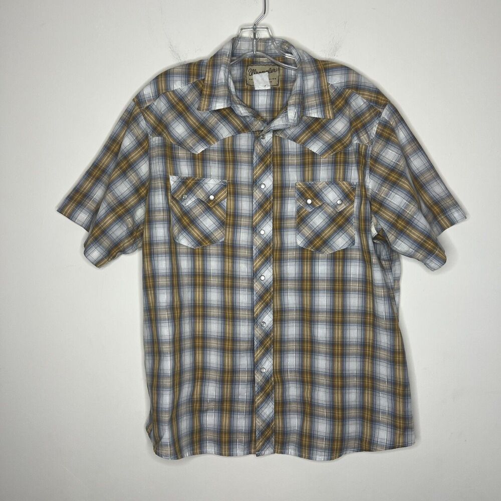 Wrangler Men’s Pearl Snap Western Shirt Size XL Plaid Yellow Blue Metallic Rodeo